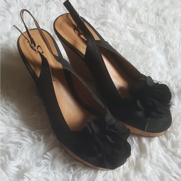 CL by Laundry Ilena Wedge Sandals Black Cork Open Toe Flower Top Shoes Size 7.5 - Picture 3 of 13